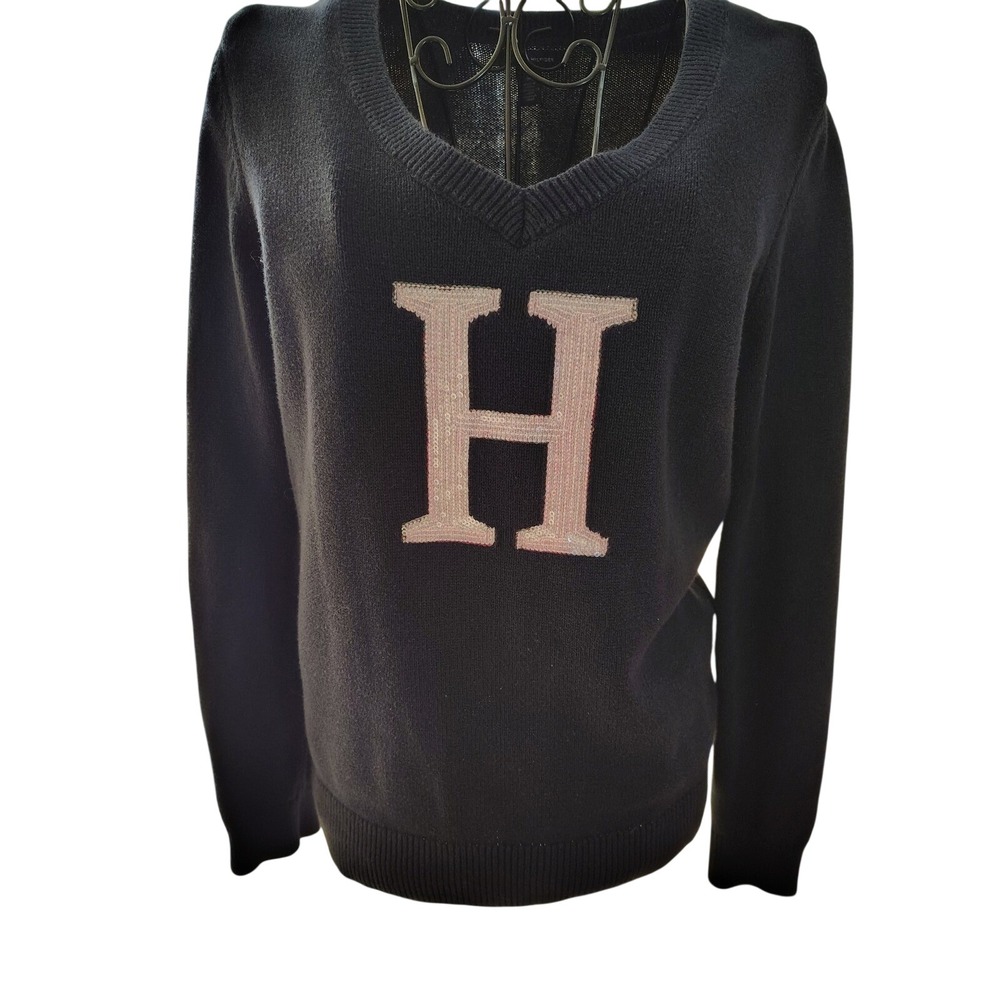 Tommy Hilfiger Sequin H Logo Navy Blue Sweater Pullover V neck